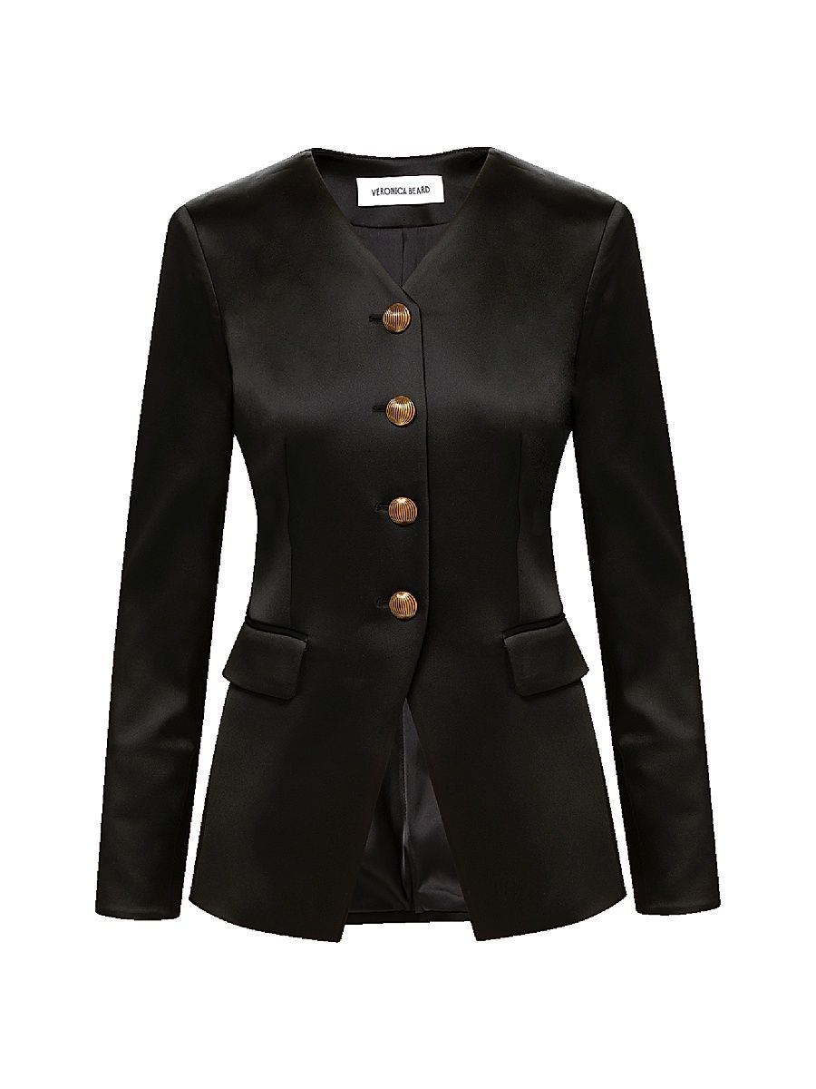 Women's Cynthia Collarless Satin Jacket - Black - Size 10