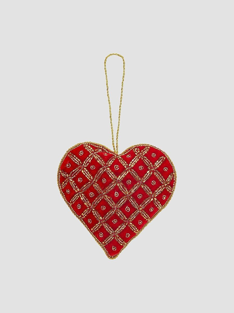 Holiday Beaded Heart Ornament - Red