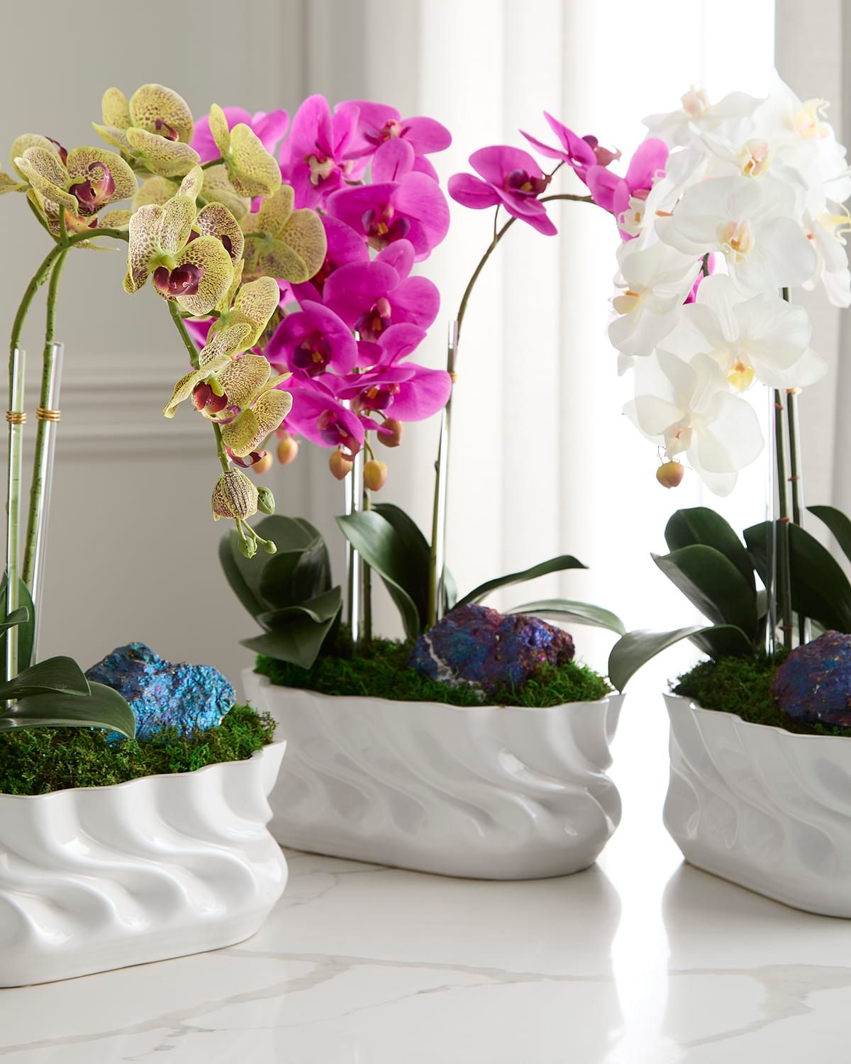 Triple Orchids with Peacock Ore 23" Faux Floral Arrangement in Ripple Vase