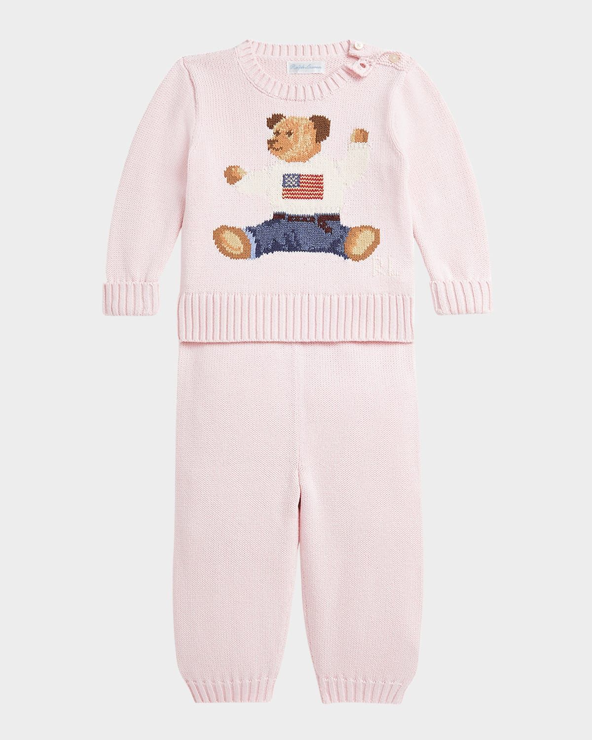 Girl & apos;s Flag Bear Intarsia Knit Sweater and Pants Set, Size 3M-24M