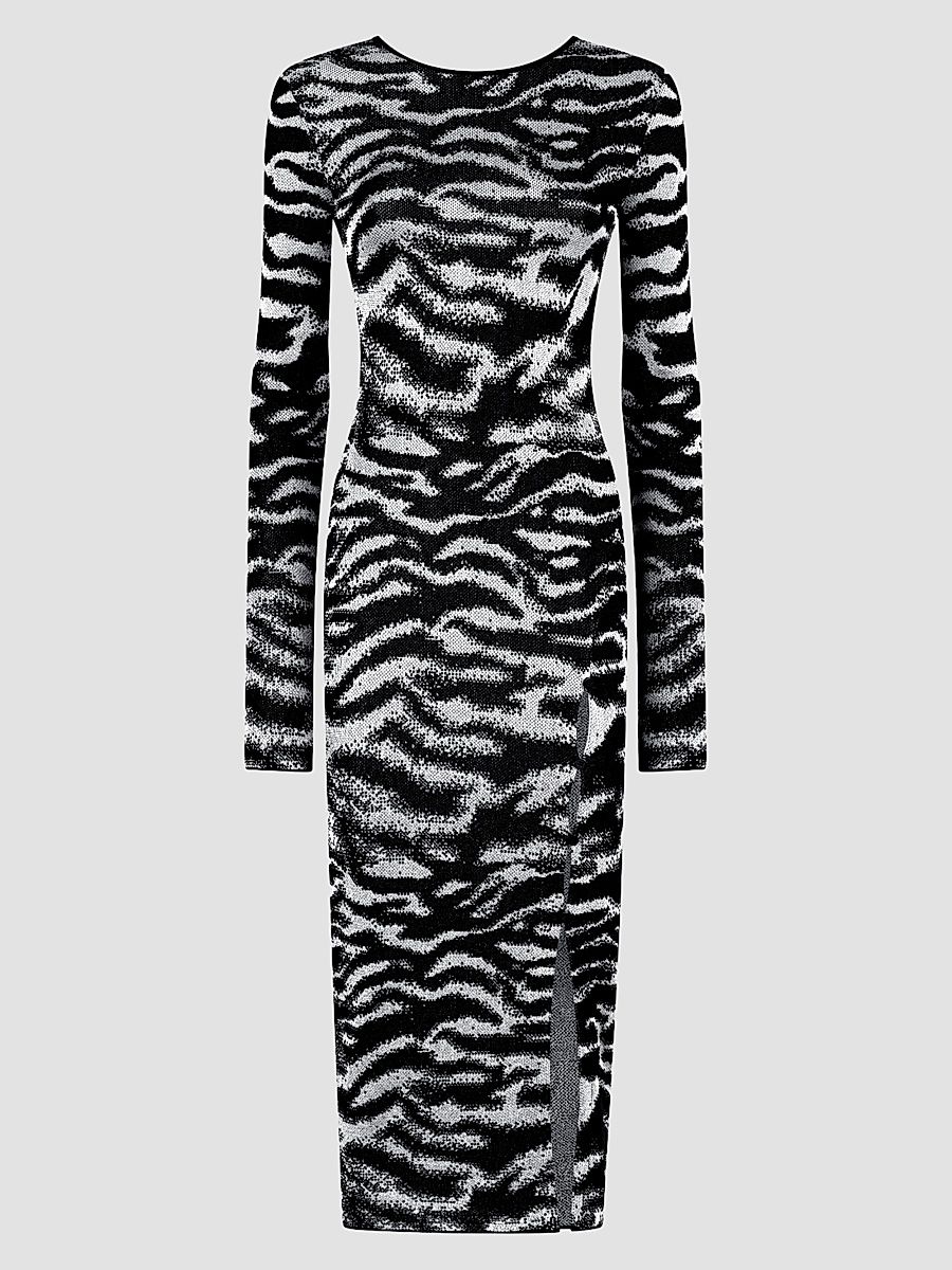 Women's Zebra Knit Scoopback Midi Dress - White Black - Size 10