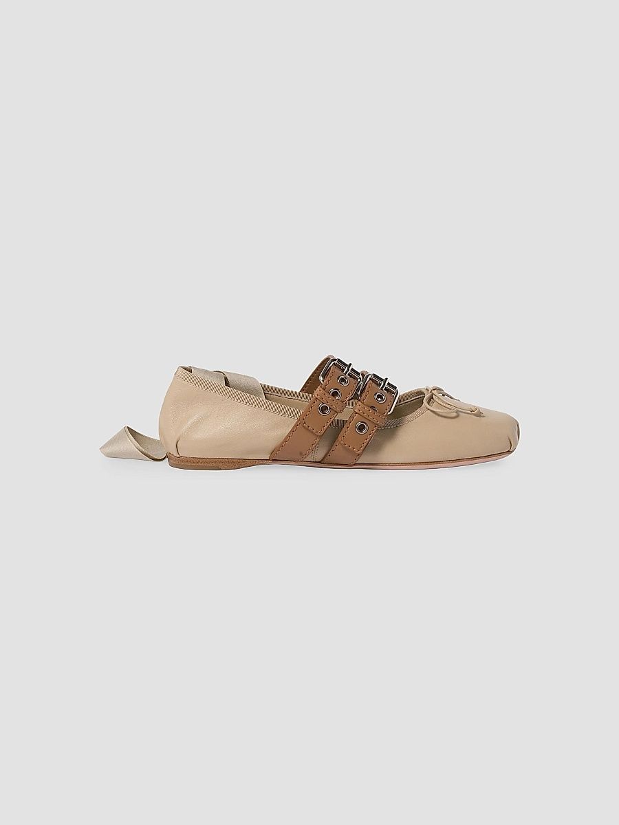 Miu Miu Women's Nappa and Calf Leather Ballerinas - Beige Khaki - Size 5.5