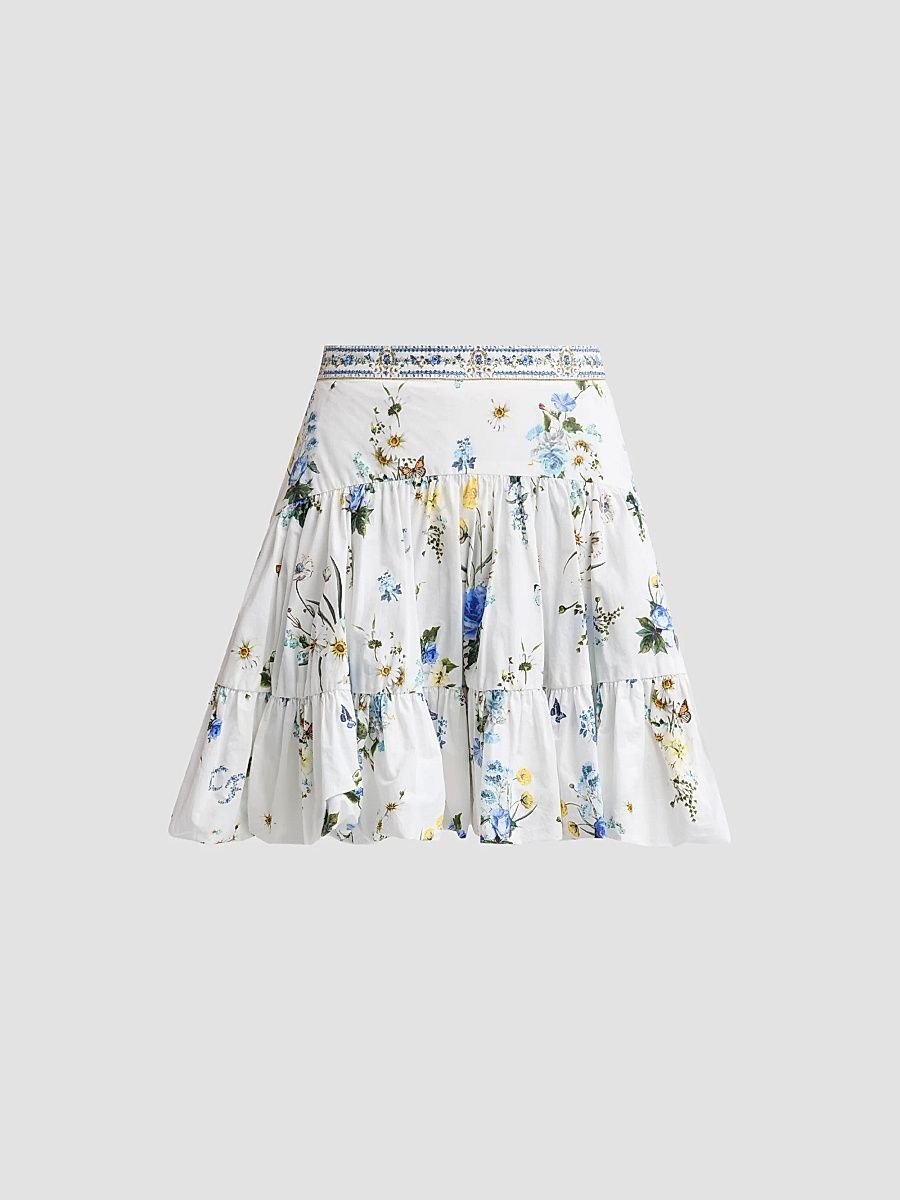 Women's Floral Cotton Bubble Mini Skirt - White - Size XL