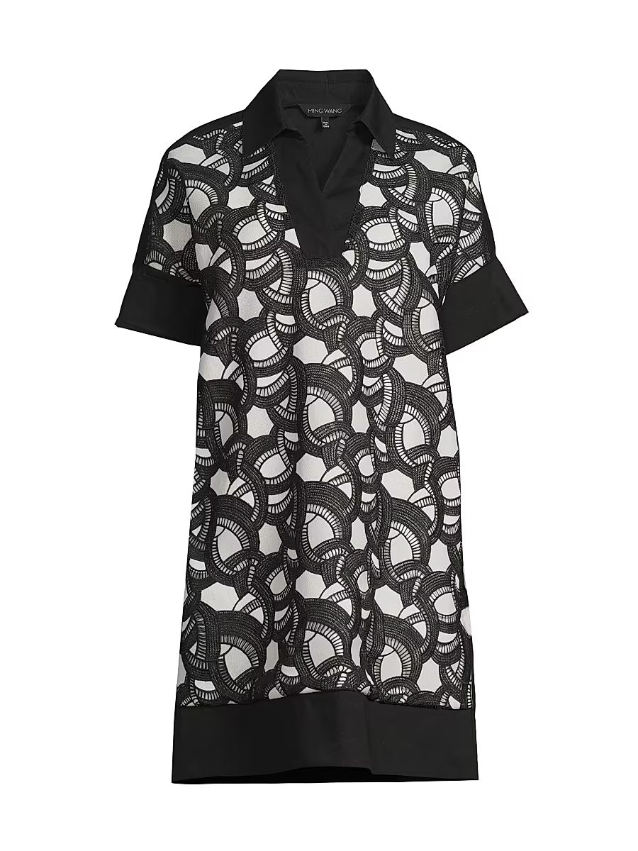 Women's Mixed-Media Lace Shirtdress - Black White - Size XS