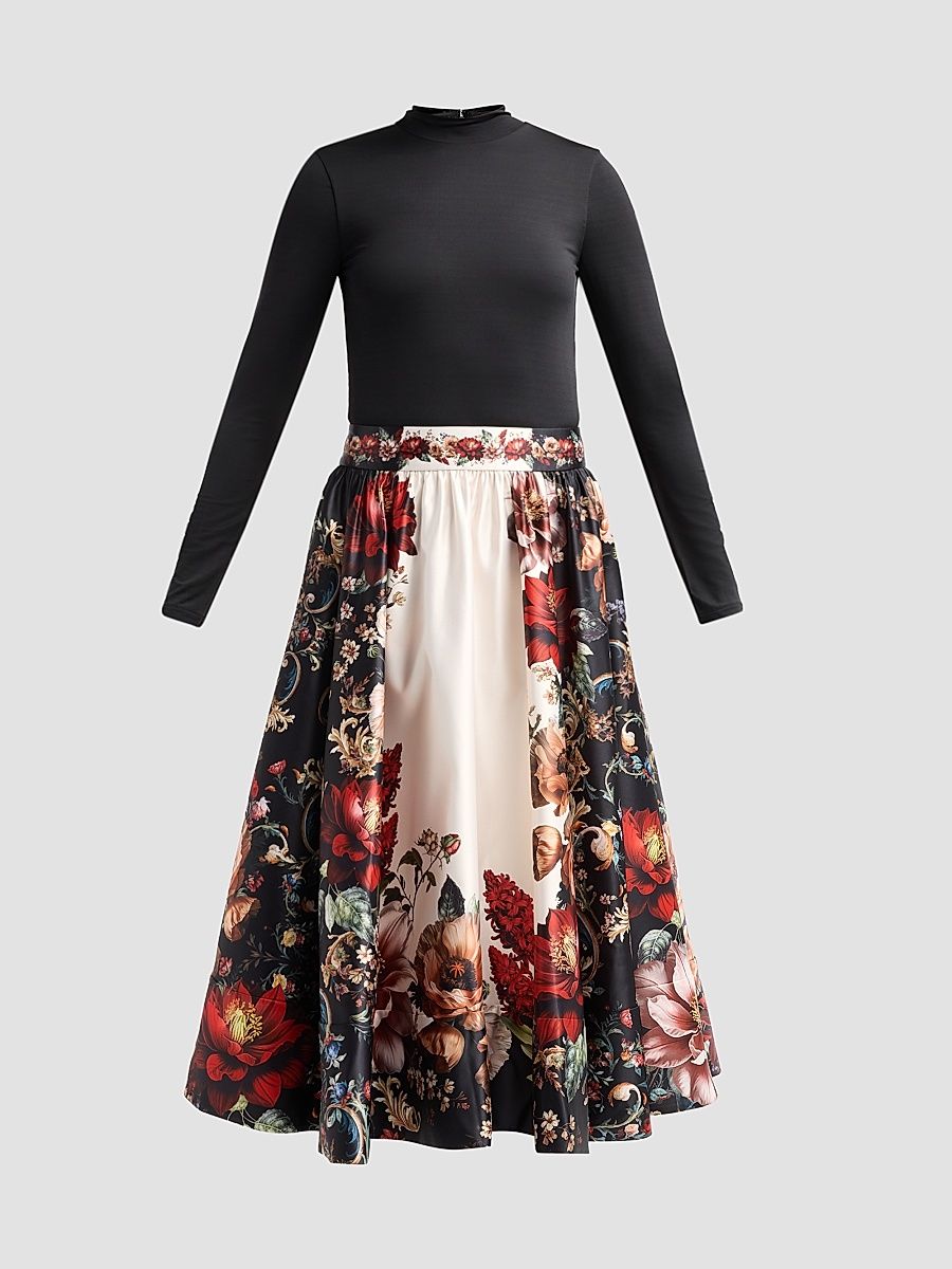 Women's Chara Turtleneck Floral Flare Skirt Midi Dress - Floral Radiance - Size 14