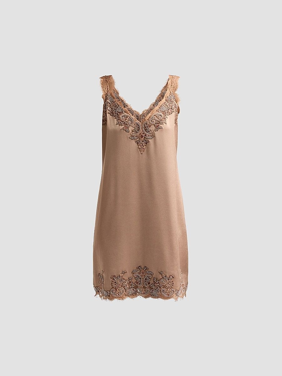 Women's Ciara Embroidered Lace-Trimmed Mini Slip Dress - Toffee - Size XL