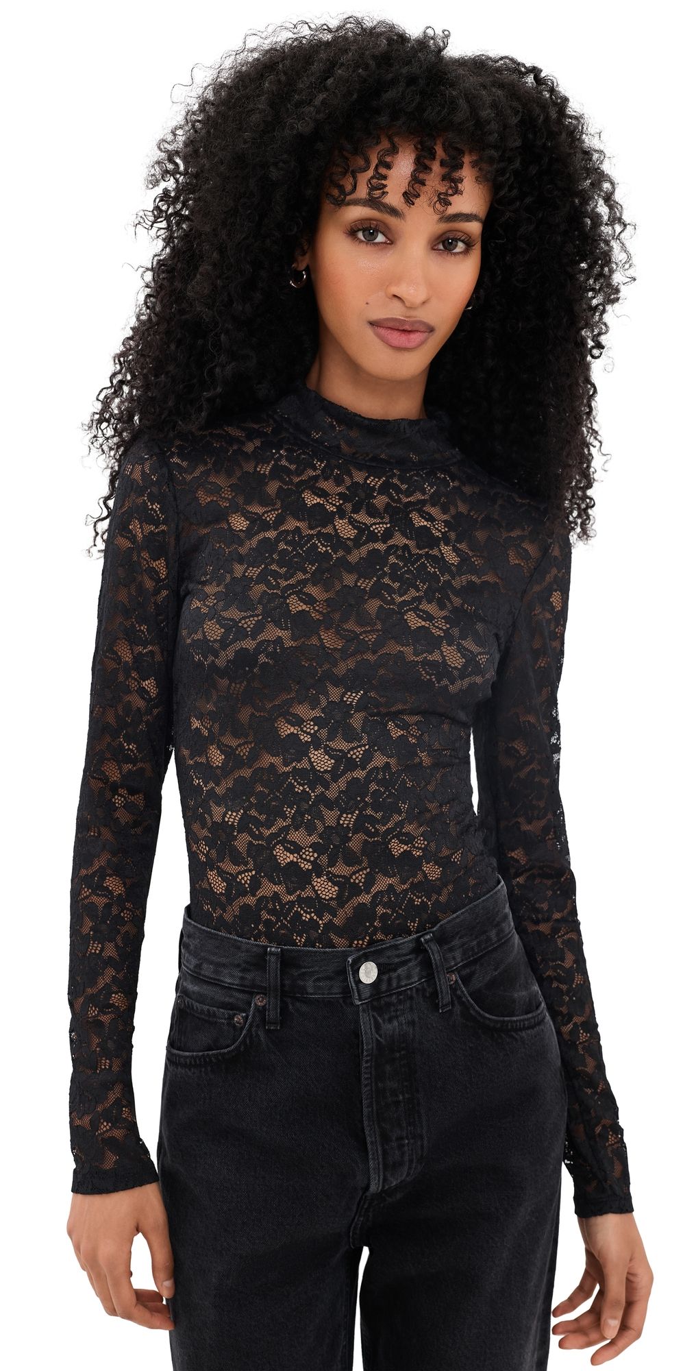 Good American The Lace Turtleneck Thong Bodysuit Black001 1XL