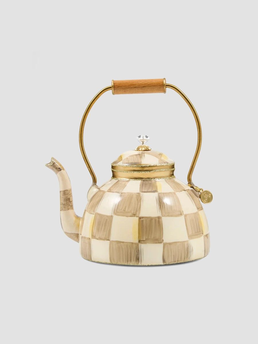 MacKenzie-Childs Mocha Check Tea Kettle Glass Ornament