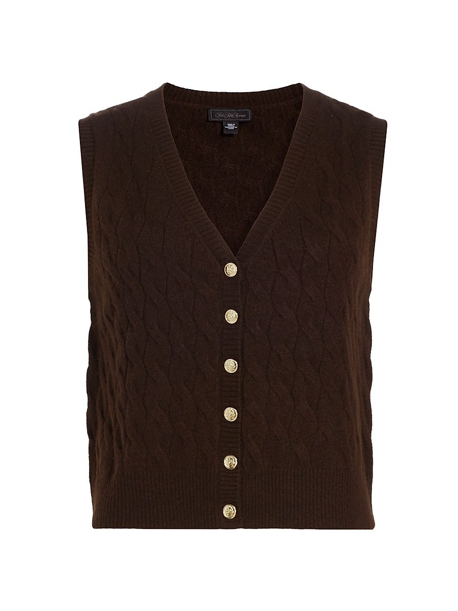 Women's Cable-Knit Cashmere Vest - Midnight Brown - Size XL