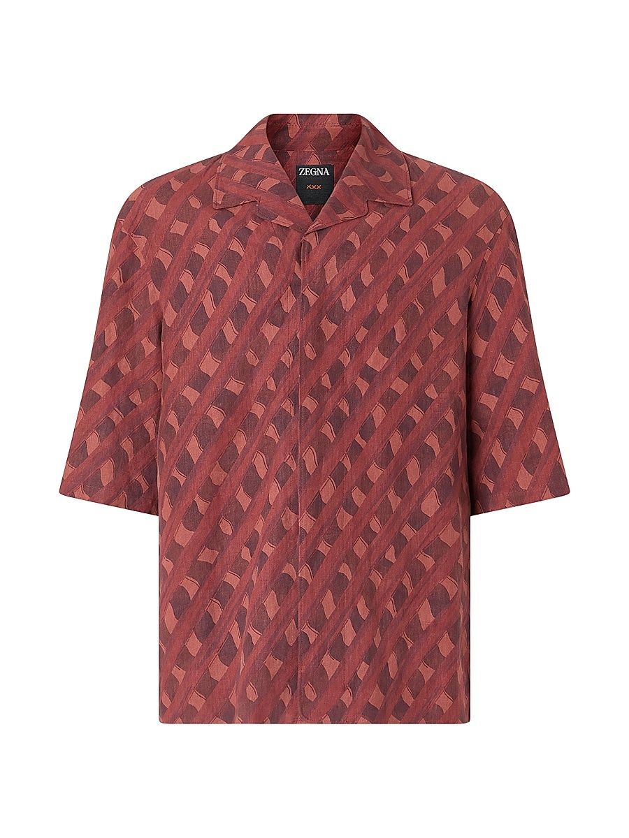 Men's Printed Linen Shirt - Dark Burgundy - Size 18.5