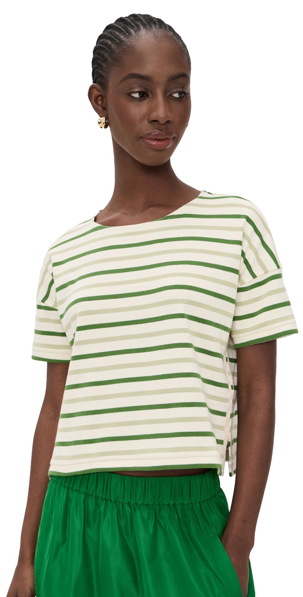 La Ligne Multi Stripe Short Sleeve Breton Tee Ecru/Cactus Green/Celedon Green S