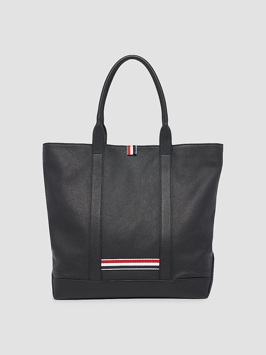 Men's Striped-Detail Pebbled Leather Tote Bag - Black