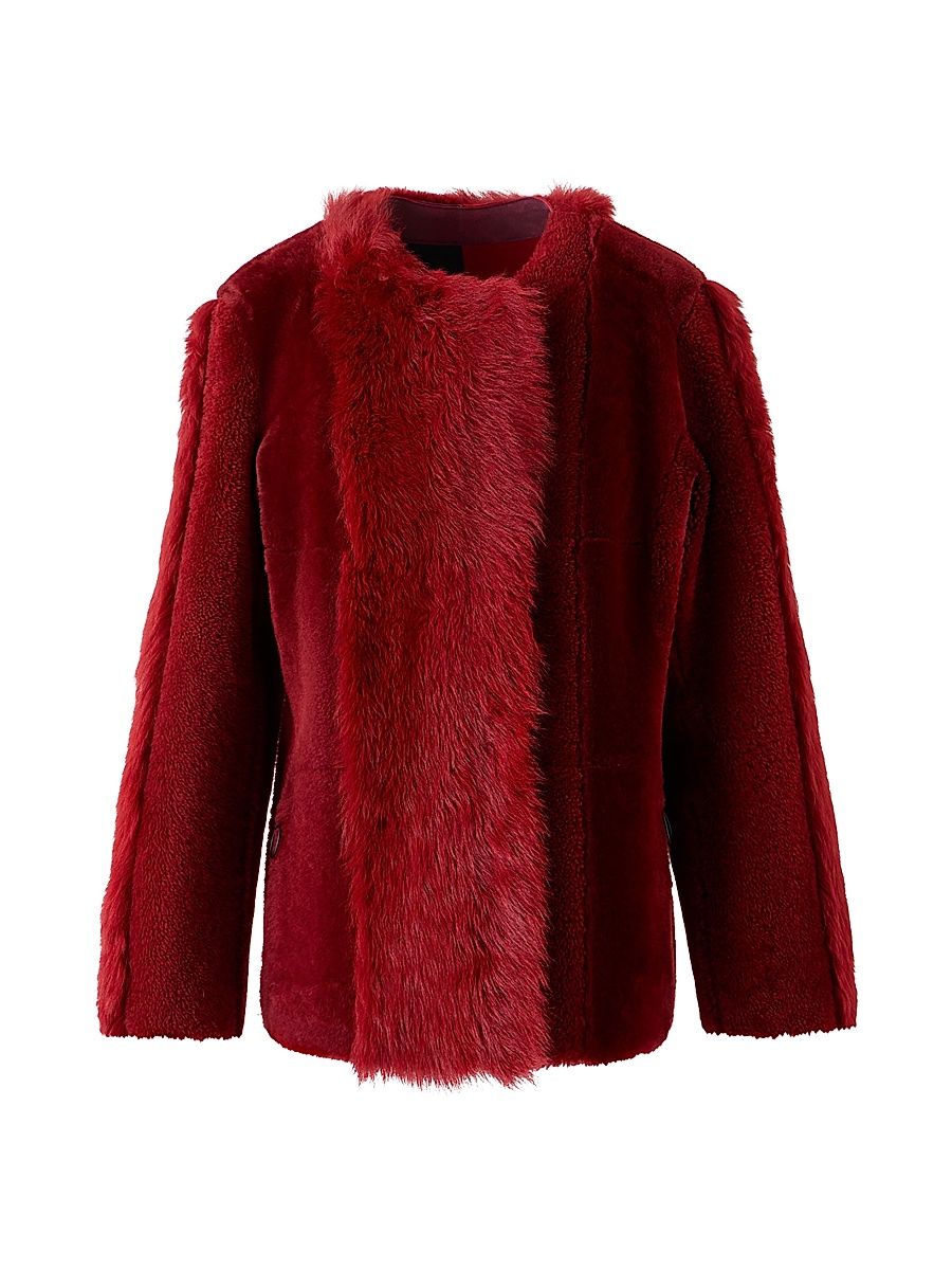 Women's Boxy-Fit Shearling Jacket - Cranberry - Size 4