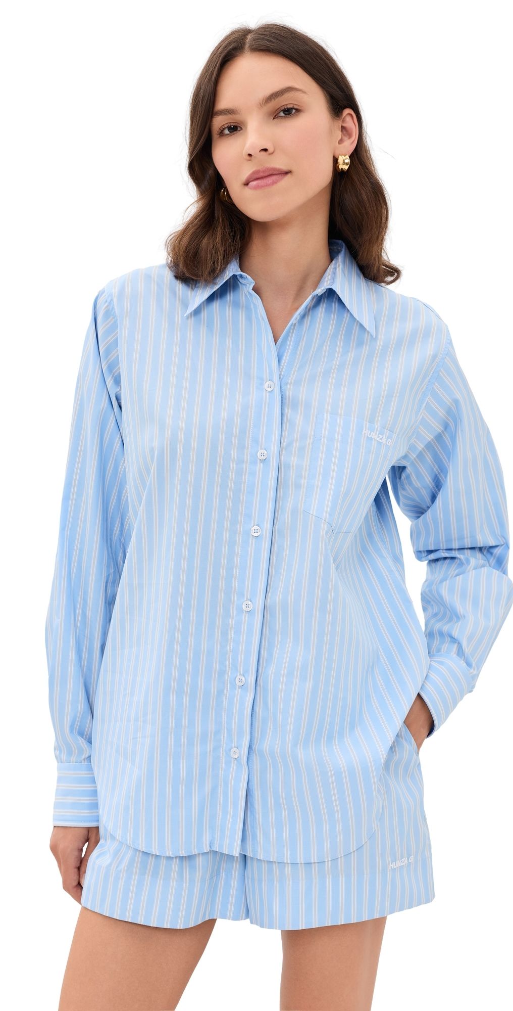Hunza G Cotton Stripe Shirt Cornflower L/XL