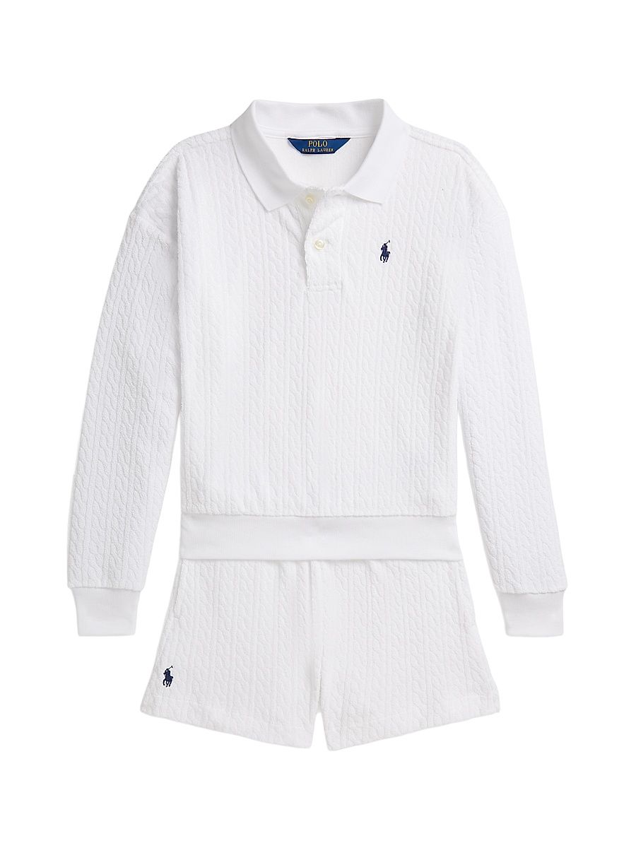 Little Girl's & Girl's Cable-Knit Terry Polo Shirt & Shorts Set - White - Size 16