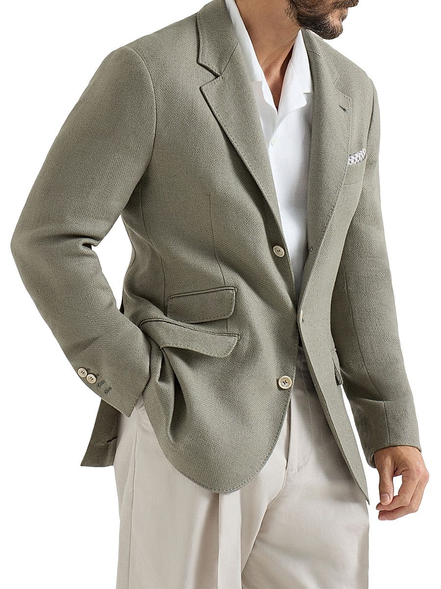 Men's Silk, Linen and Wool Hopsack Deconstructed Cavallo Blazer - Khaki - Size 40