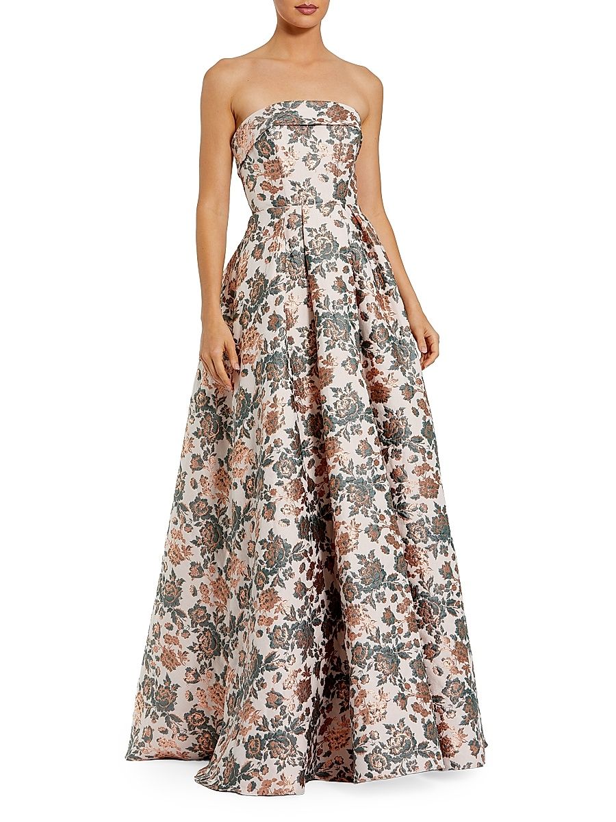 Women's Petite Floral Brocade Strapless A-Line Gown - Gold Multi - Size 14