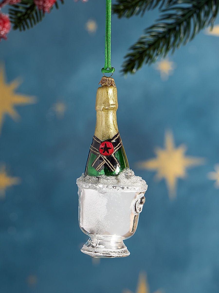 Champagne In Ice Bucket Glass Ornament