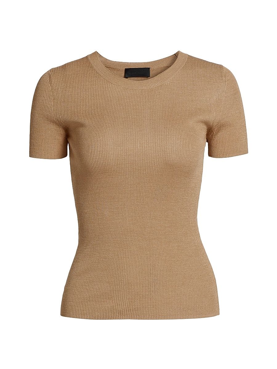 Women's Hettie Silk Rib-Knit Short-Sleeve Sweater - Camel - Size Large