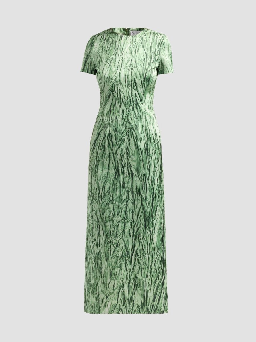 Oscar de la Renta Women's Velvet Print Satin Day Dress - Dark Sage - Size 16