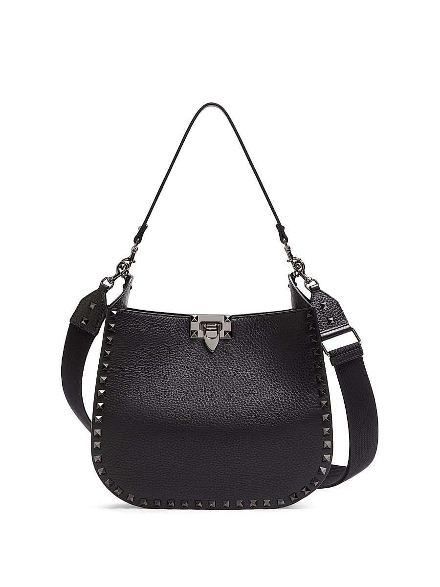 Women's Rockstud Grainy Calfskin Shoulder Bag - Black