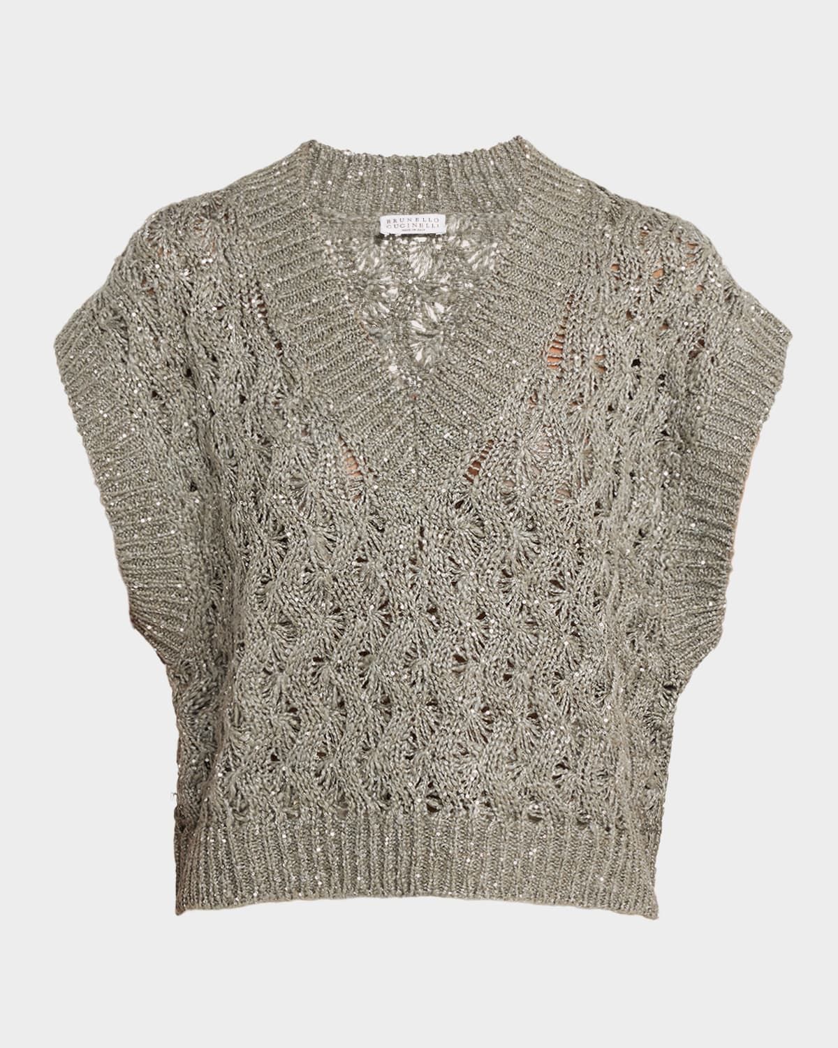 V-Neck Paillette Open-Knit Vest