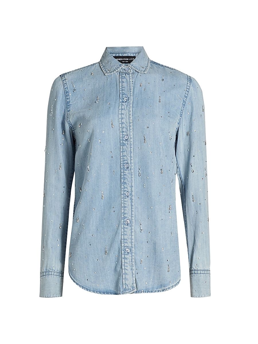 Women's Marcello Embellished Denim Shirt - Light Blue - Size Large