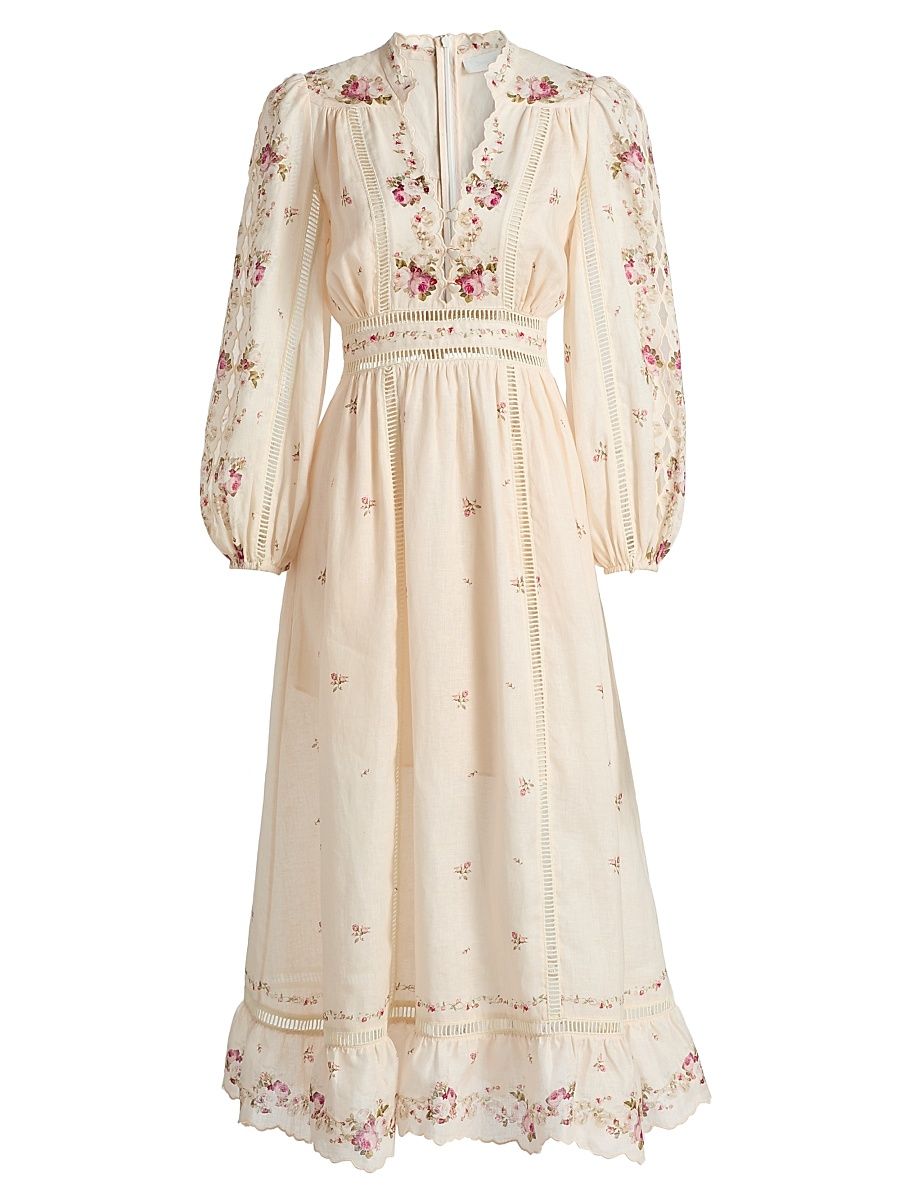 Women's Patience Floral Linen Midi-Dress - Cream Pink Rose - Size 10