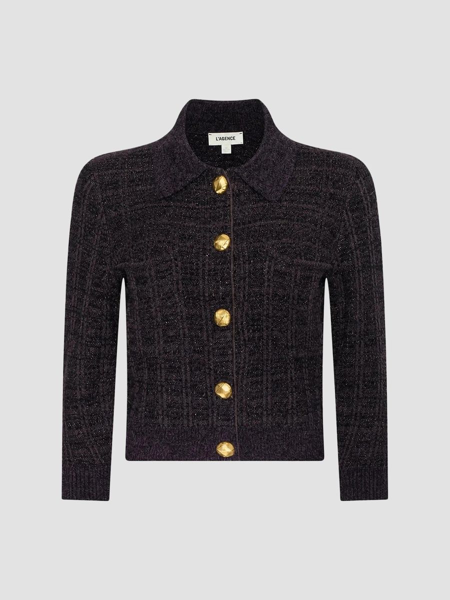 L'AGENCE Women's Morrigan Tweed Stitch Cardigan - Dark Java Brown - Size XL