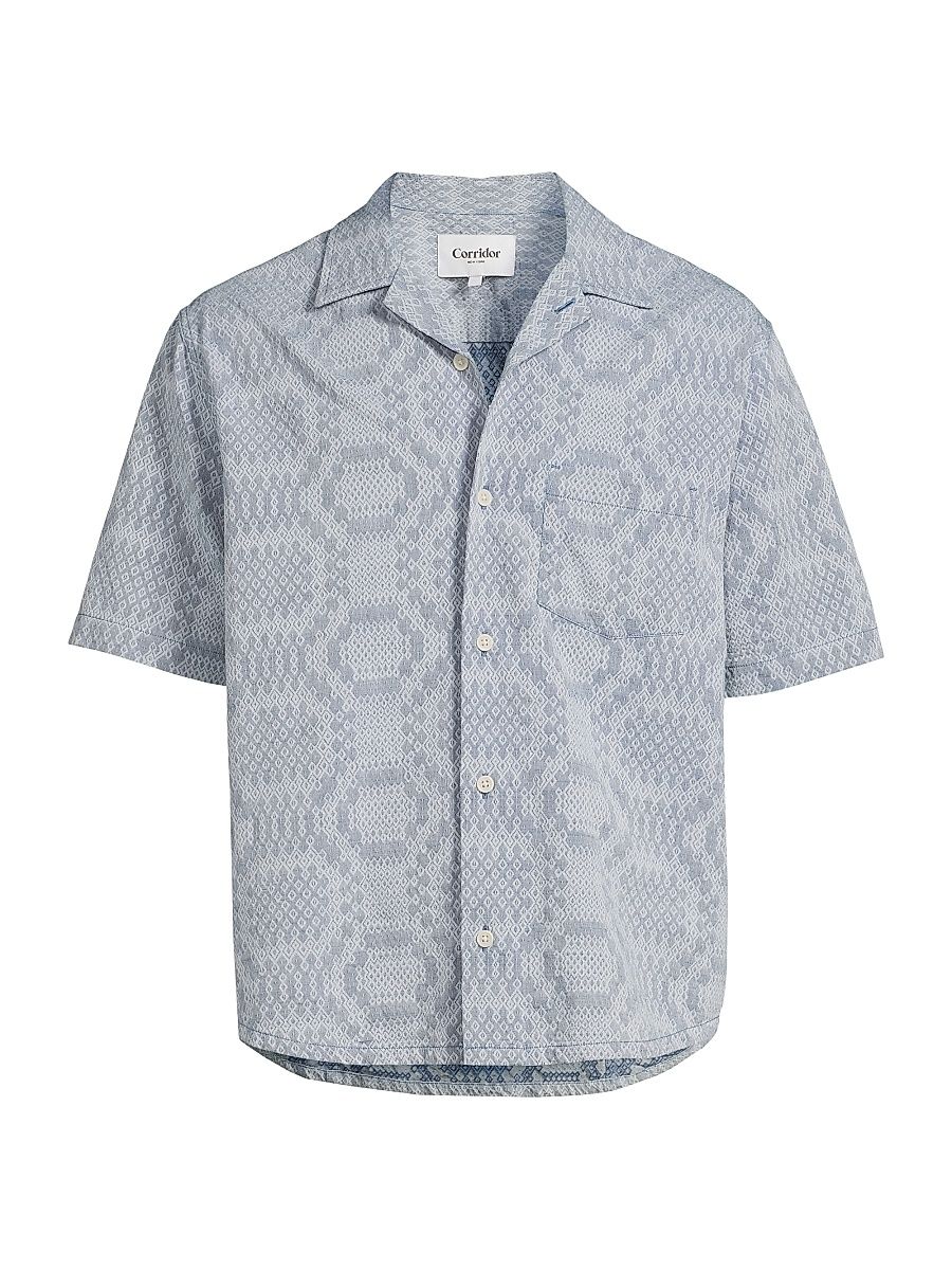 Men's Indigo-Dyed Diamond Jacquard Button-Front Shirt - Blue - Size XXL