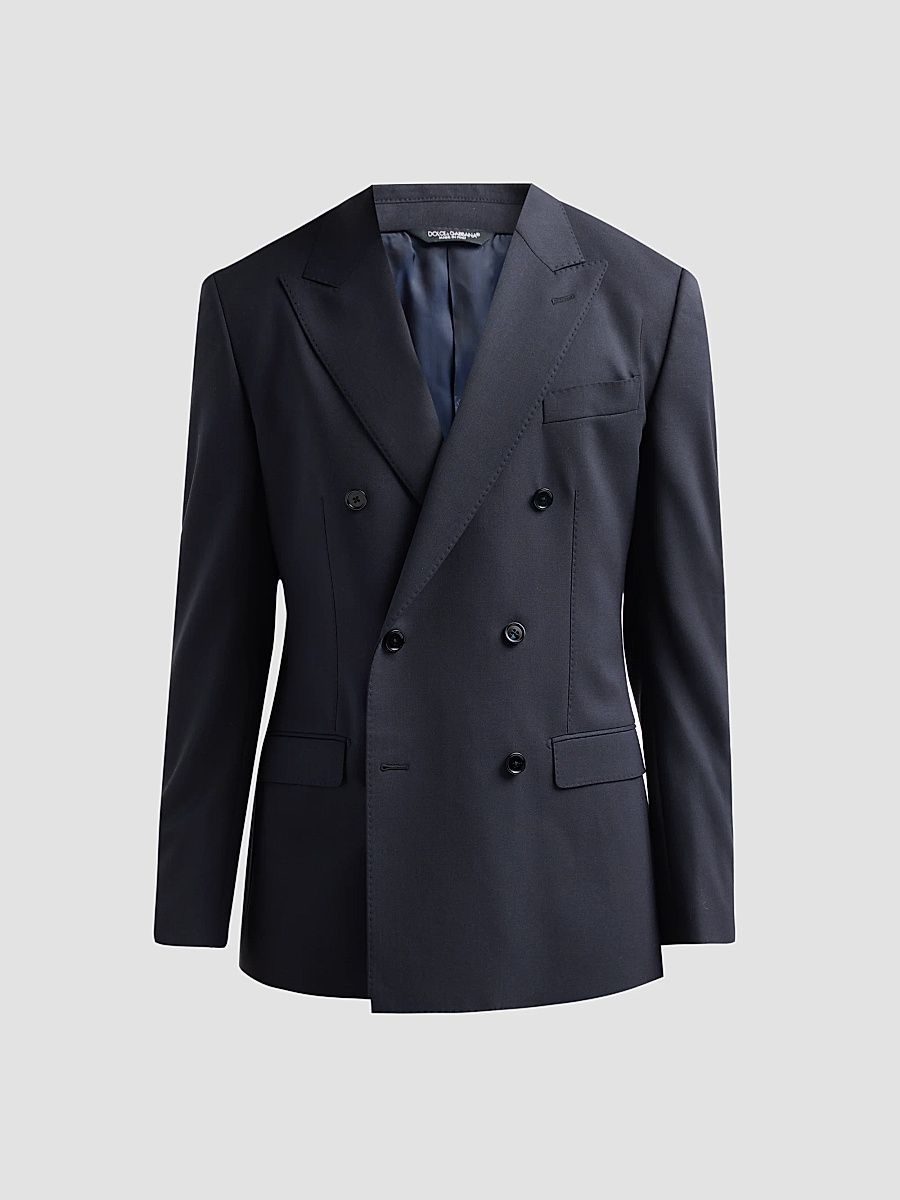 Men's Stretch-Virgin Wool Double-Breasted Jacket - Navy - Size 38