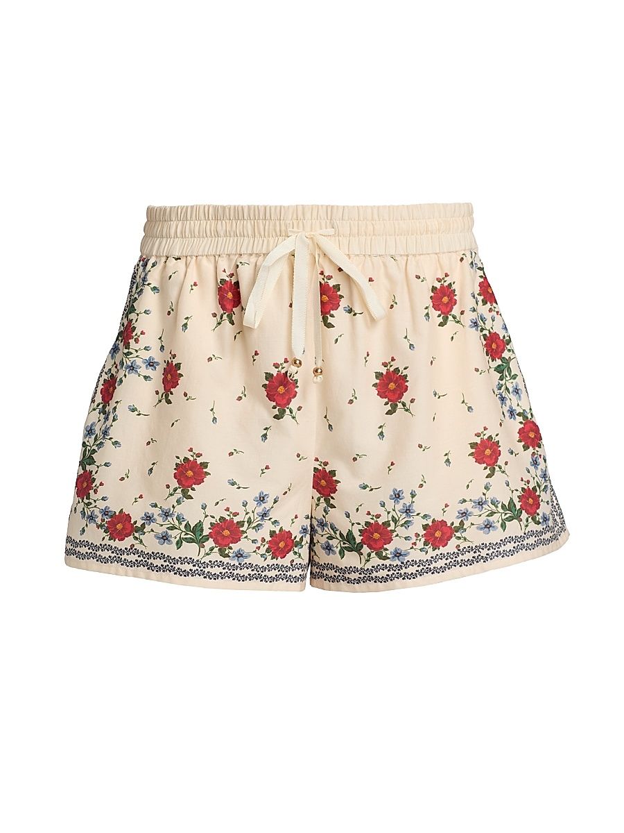 Women's Oslo Floral Cotton-Silk Drawstring Shorts - Heirloom Bandana - Size Large