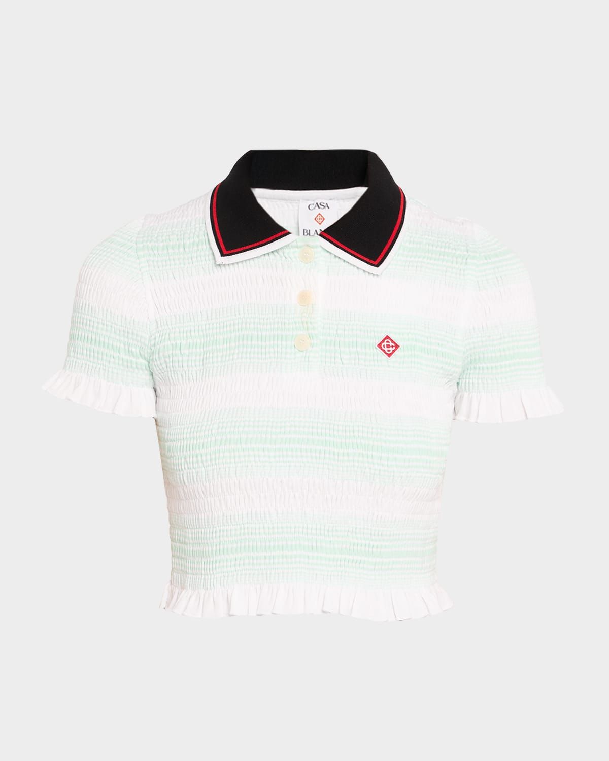 Stripe Shirred Crop Polo Shirt