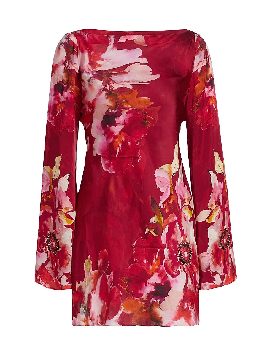 Women's Tuhi Floral Silk Boatneck Minidress - Burgundy Mix - Size Medium