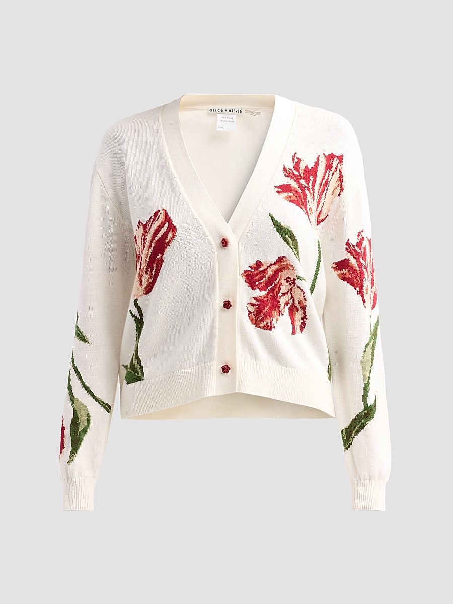 Women's Bradley Floral Intarsia-Knit Short Cardigan - Soft White Multi - Size XL