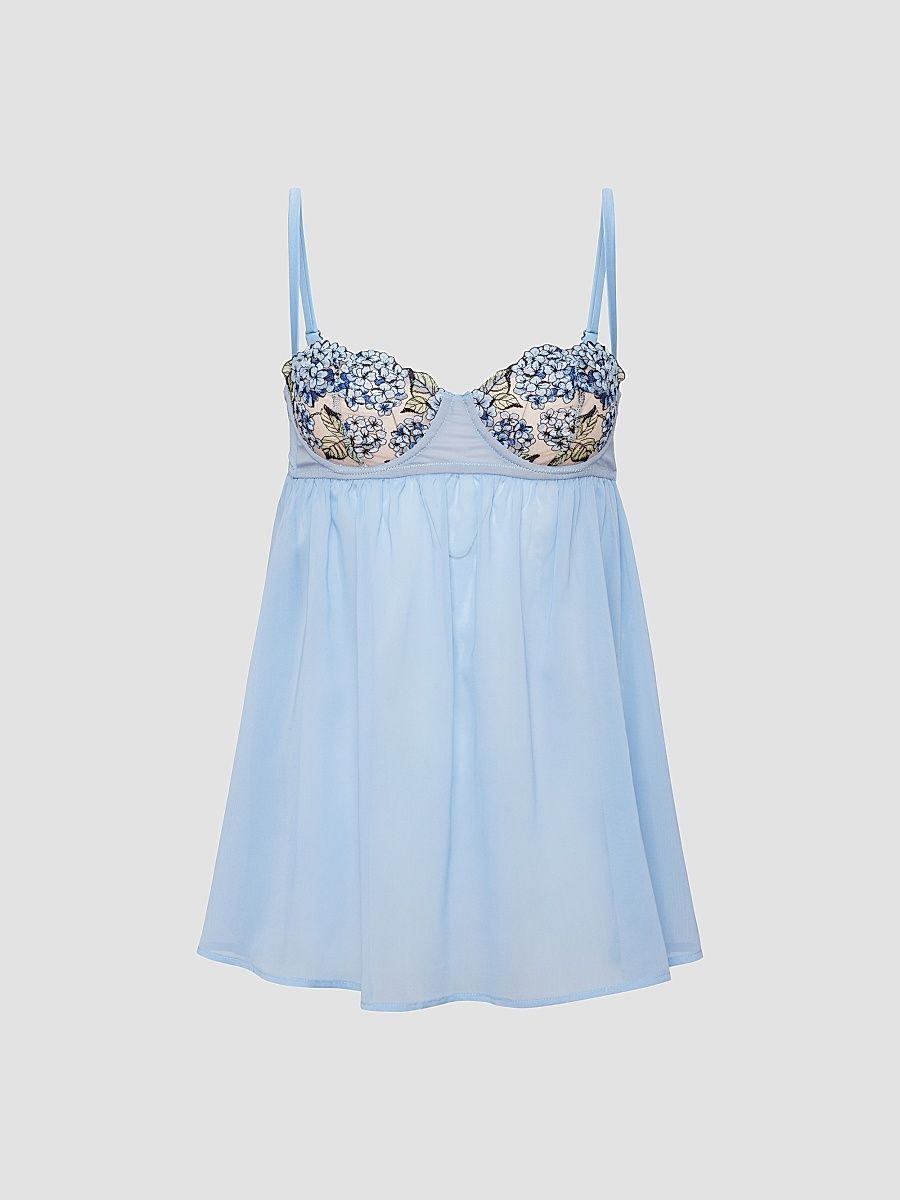 Women's Hydrangea Embroidery Cupped Babydoll Nightgown - Petal Blue - Size XS