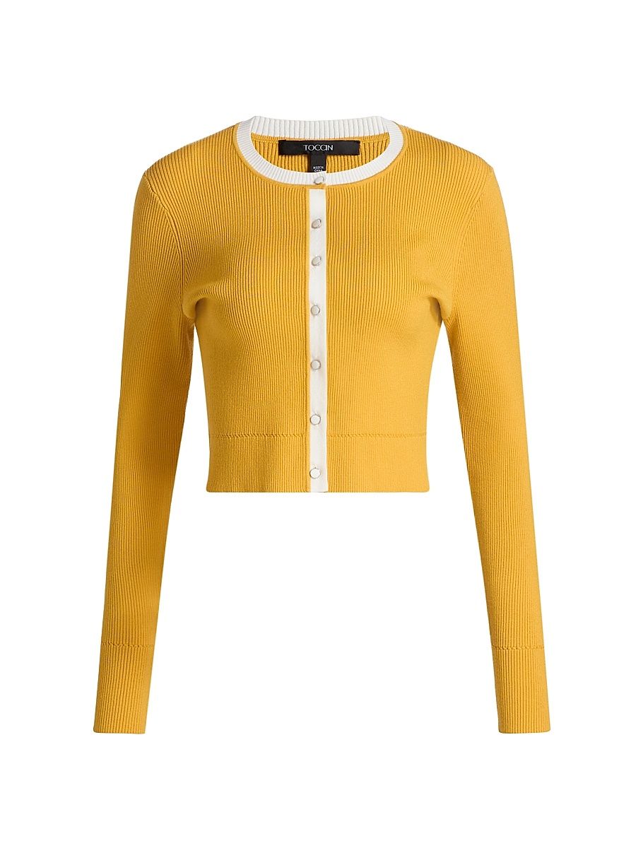 Women's Zoe Contrast-Trim Knit Crop Cardigan - Tuscan Sun Optic - Size Large