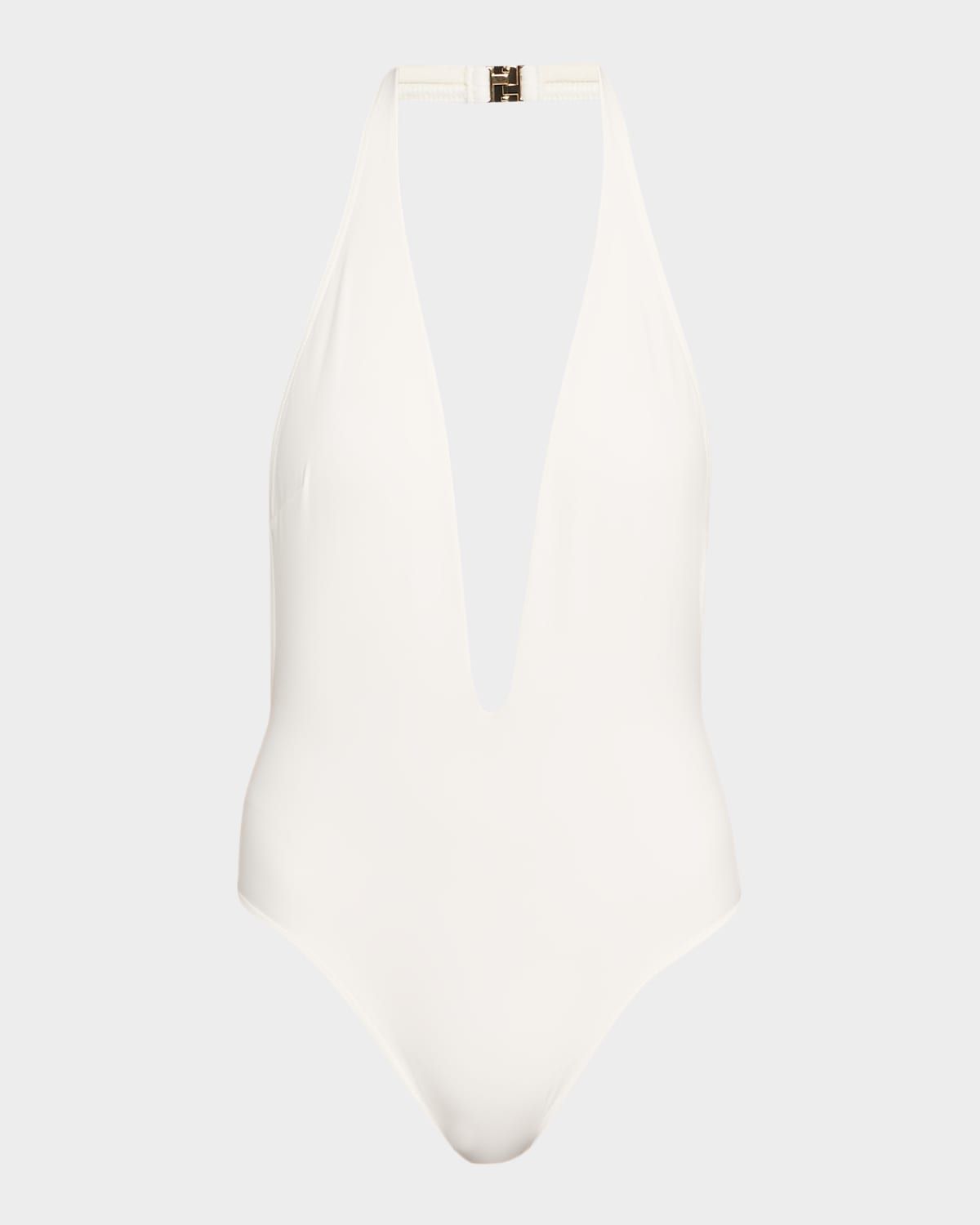 Plunging Halter Jersey One-Piece Swimsuit