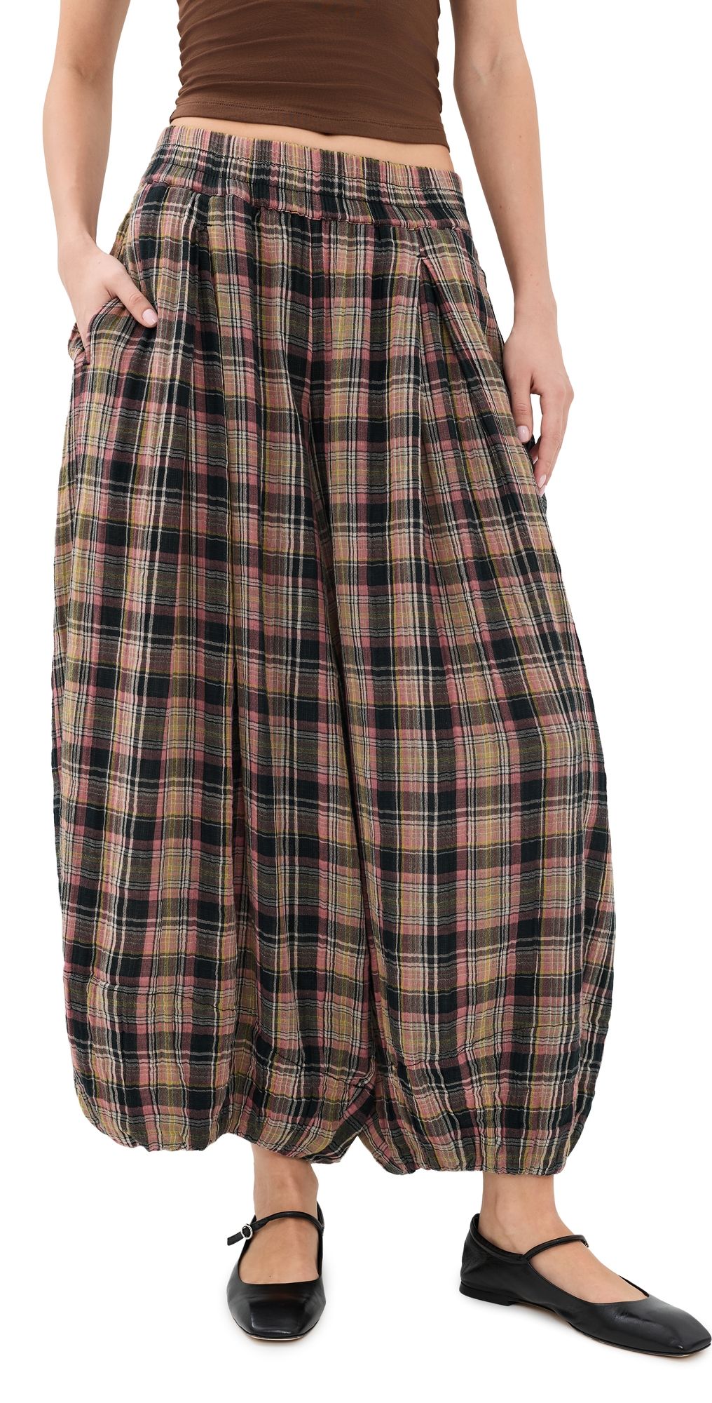 Free People Moonflower Plaid Balloon Pants Black Combo L