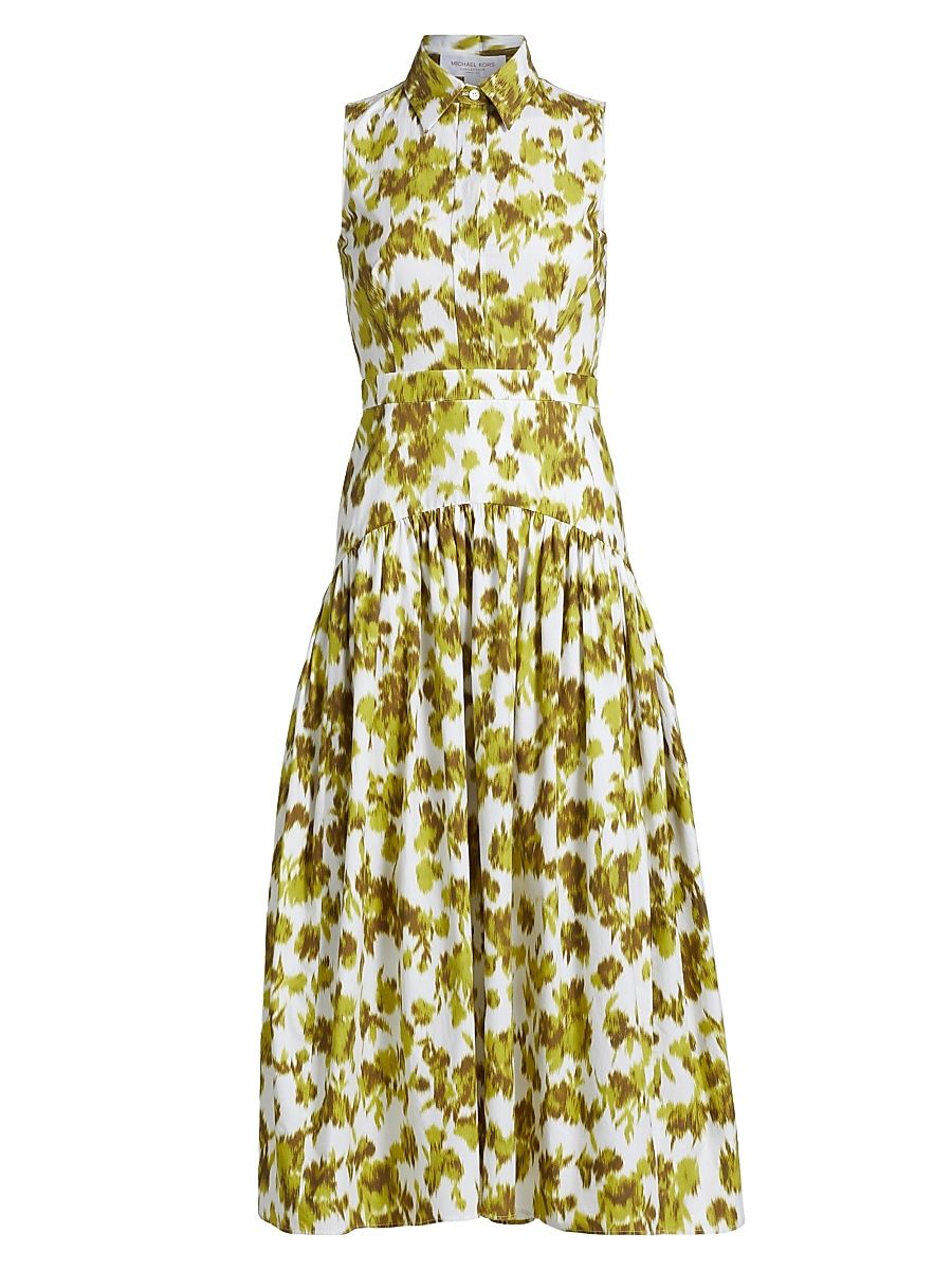 Women's Abstract Floral Cotton Drop-Waist Midi-Shirtdress - Moss Optic White - Size 8