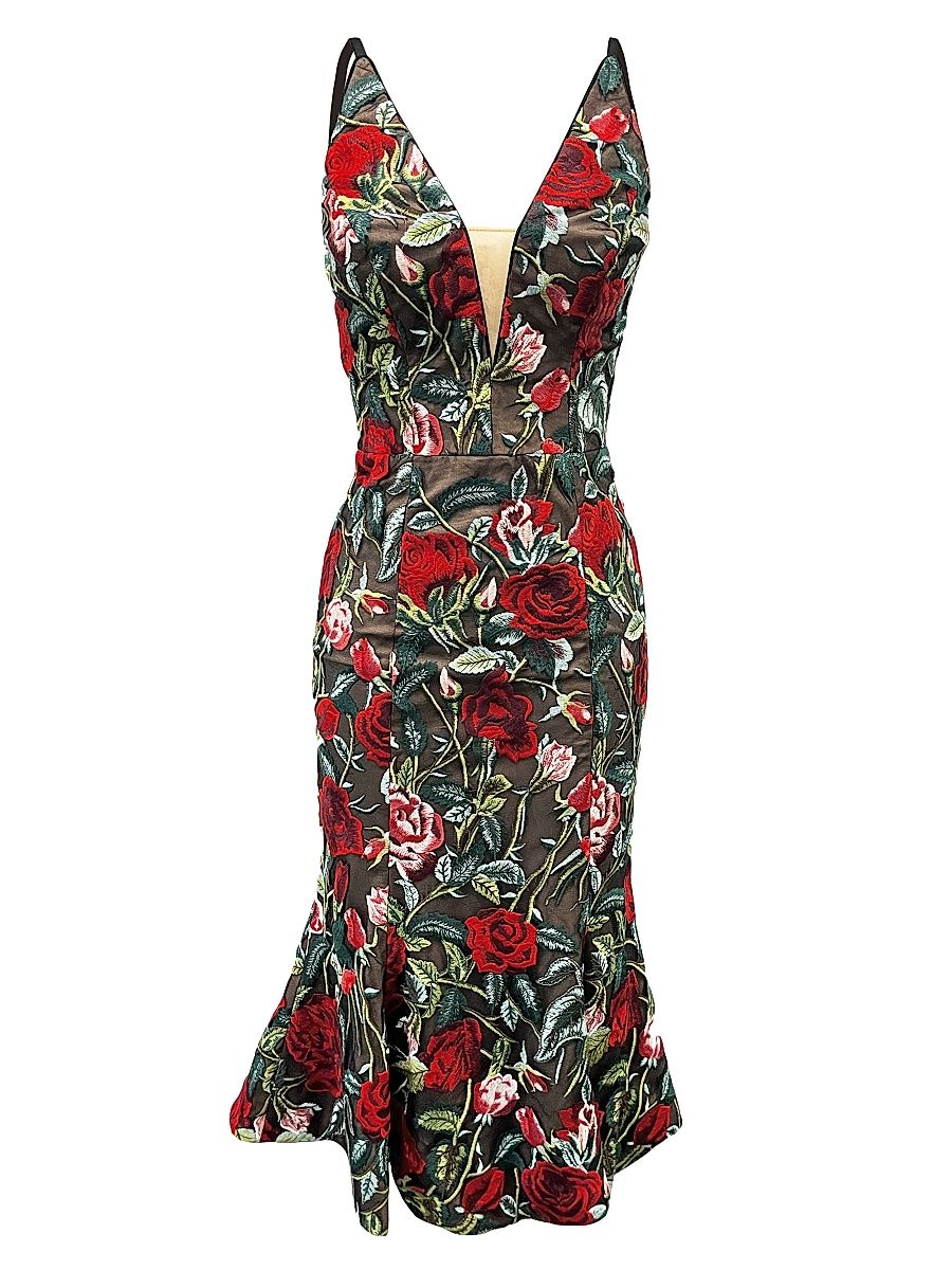 Women's Isabelle Floral-Embroidered Mesh Midi-Dress - Black Multi - Size XS
