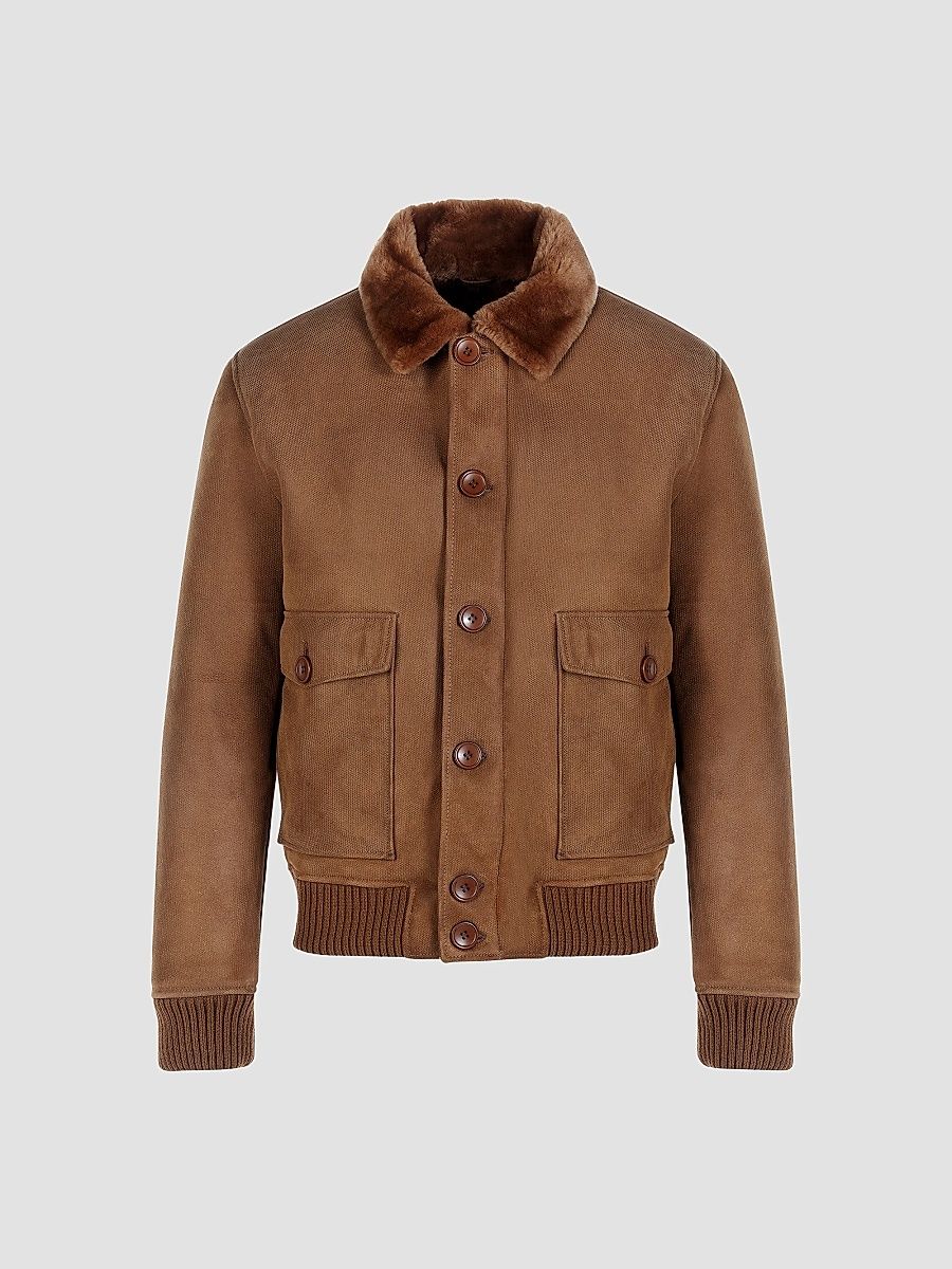 Gorski Men's Embossed Merino Shearling Lamb Bomber Jacket - Whiskey - Size Large