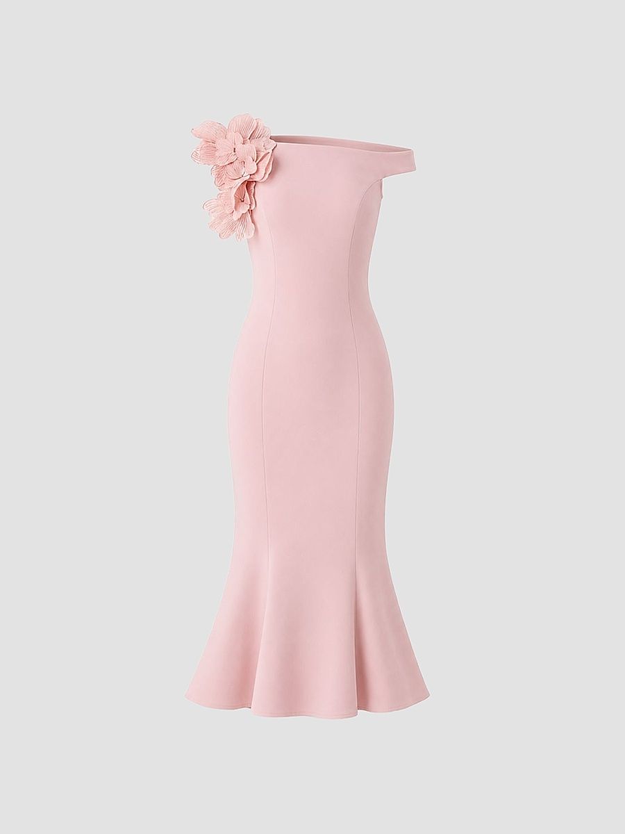 Women's Off-The-Shoulder Trumpet-Hem Crepe Midi Dress - Rose Pink - Size 18