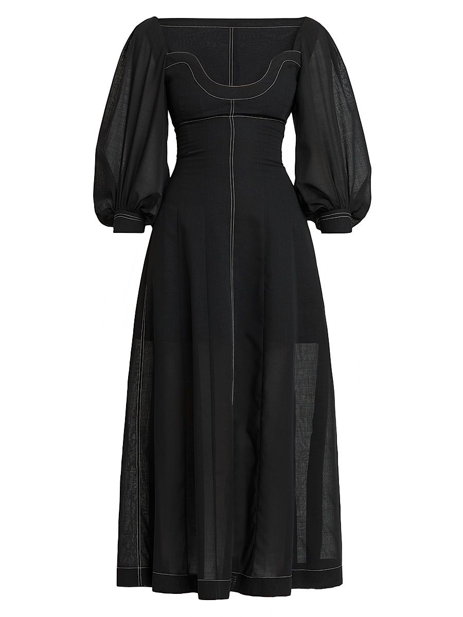 Women's Topstitched Puff-Sleeve Bustier Maxi Dress - Multi Black - Size 4