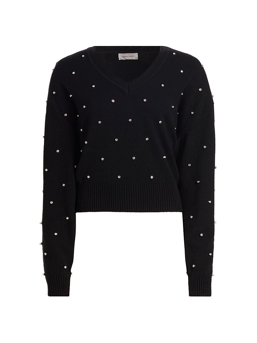 Women's Corin Crystal-Embellished V-Neck Sweater - Black - Size Medium