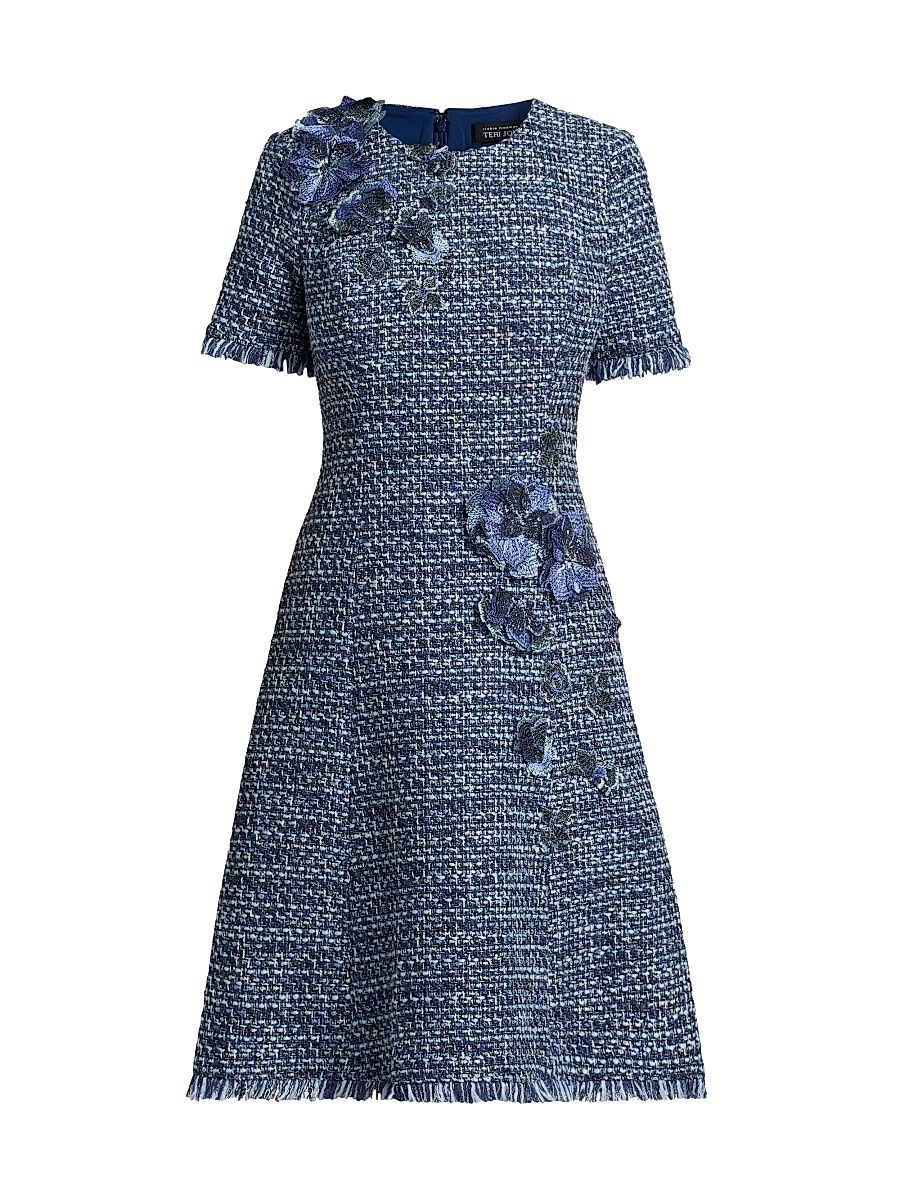 Women's 3D Floral Appliqué Tweed Mini Cocktail Dress - Blue Multi - Size 12