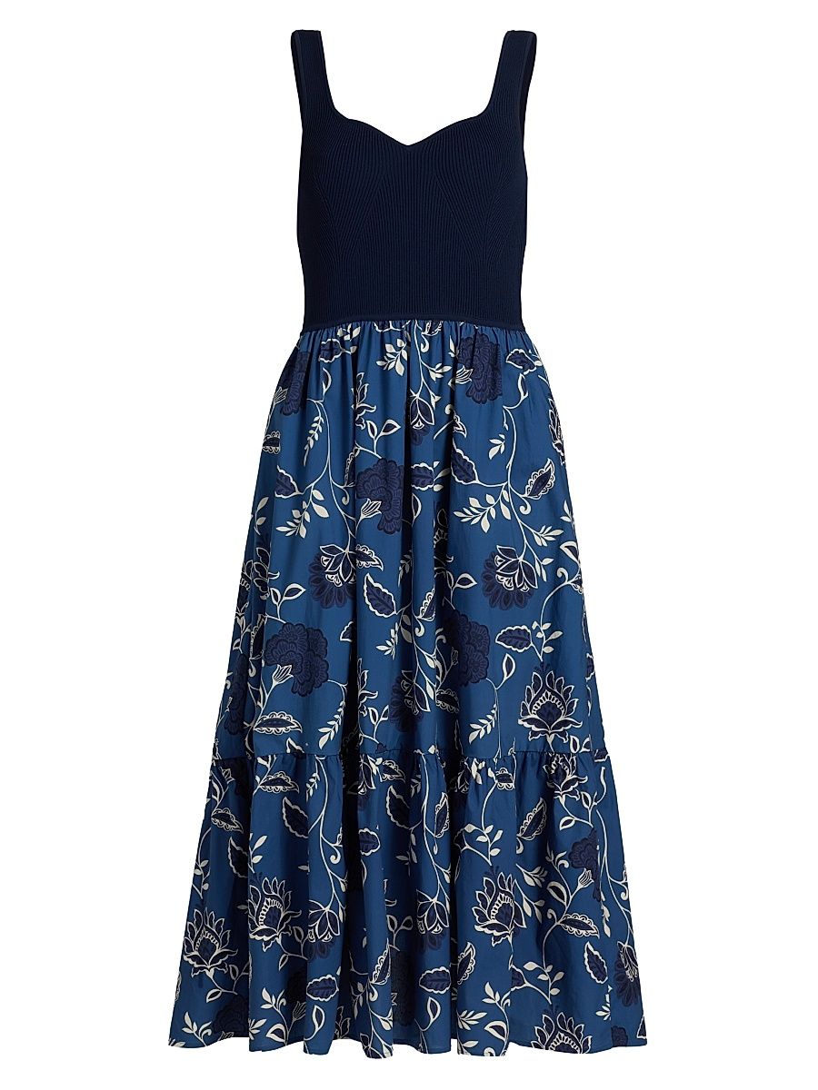 Women's Josephina Floral Cotton Midi-Dress - Maritime Blue Cream Multi - Size Large