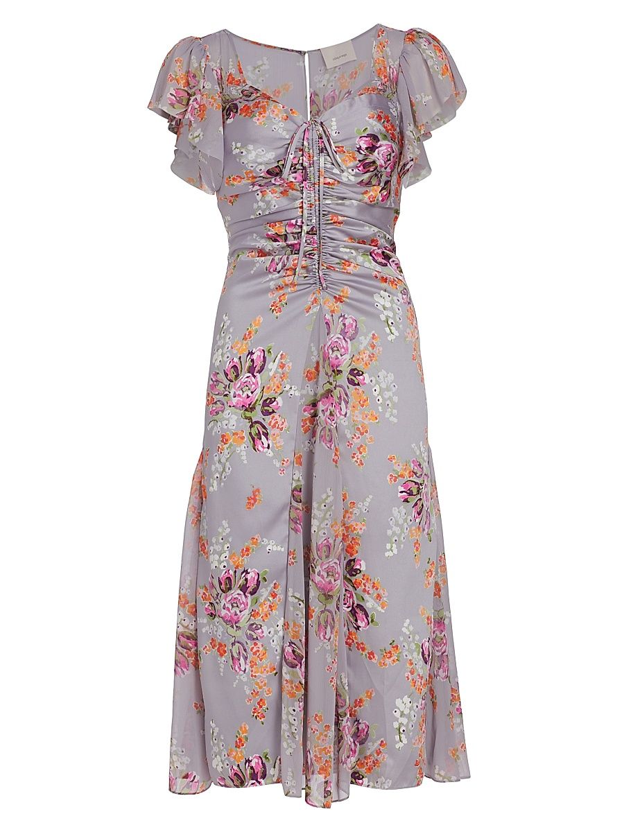Women's Terrence Satin Floral Midi-Dress - Grey Multi - Size 4