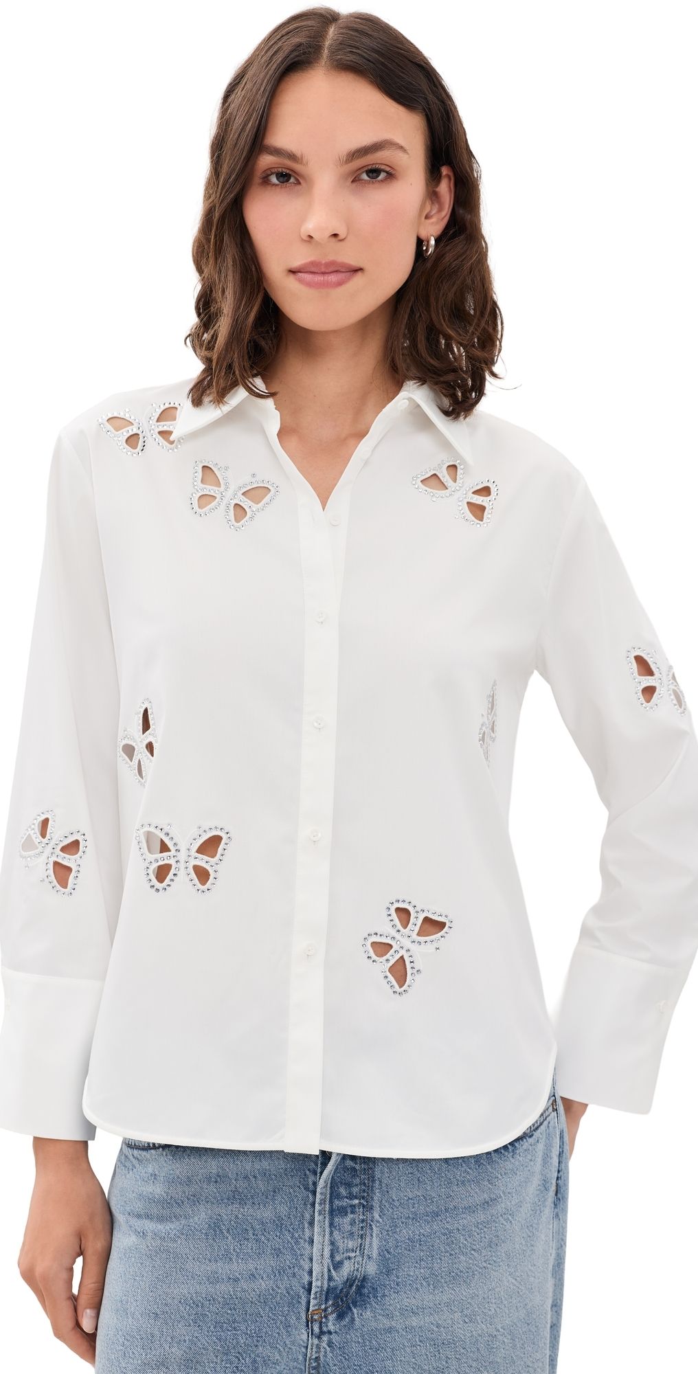 ALICE + OLIVIA Finely Embellished Cutout Button Down Shirt Off White/Silver Crystal S