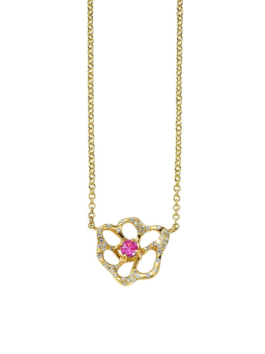Women's Stardust 18K Yellow Gold, Pink Sapphire & 0.15 TCW Diamond Small Flower Pendant Necklace - Pink Sapphire